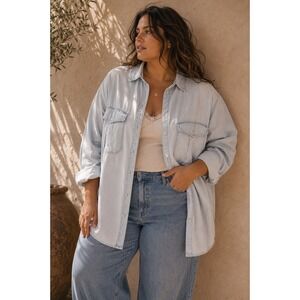 Per‎ Se Womens Light Wash Blue Denim Button Down Shirt 2X Long Sleeve Cotton